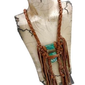 Leather, turquoise and brass necklace